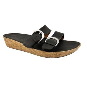 FitFlop Womens Double Buckle Strap Slide Sandals 11 Black Leather Comfort Cork